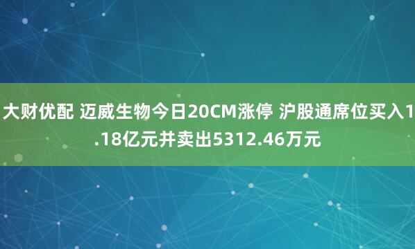 大财优配 迈威生物今日20CM涨停 沪股通席位买入1.18亿元并卖出5312.46万元